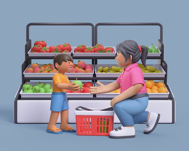 Free PSD 3d rendering of woman with kid at supermarket