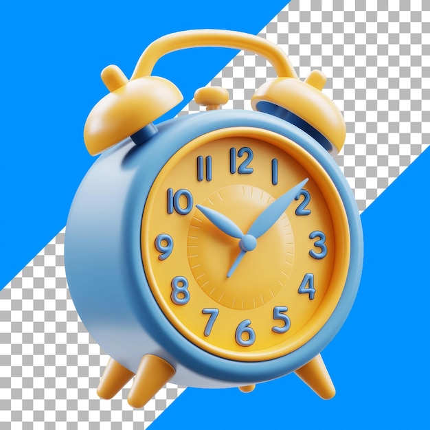 Free PSD 3d retro blue and yellow alarm clock against blue and transparent background