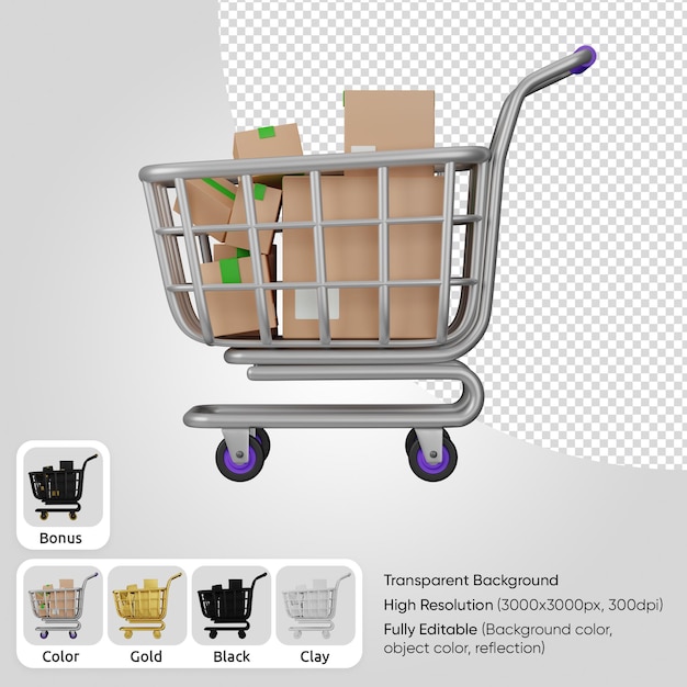 Free PSD 3d shopping cart with cartboard boxes front