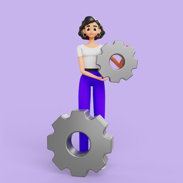 Free PSD 3d woman posing with gear wheels