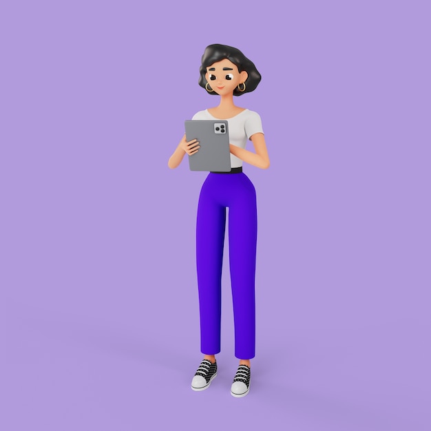 Free PSD 3d woman posing with tablet