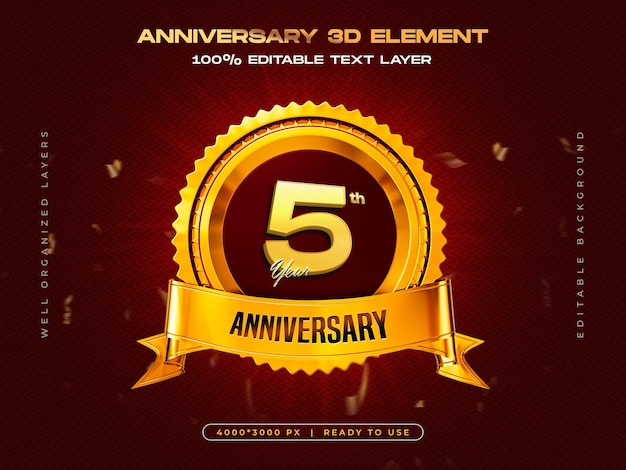 5th anniversary celebration 3d golden badge template for composition