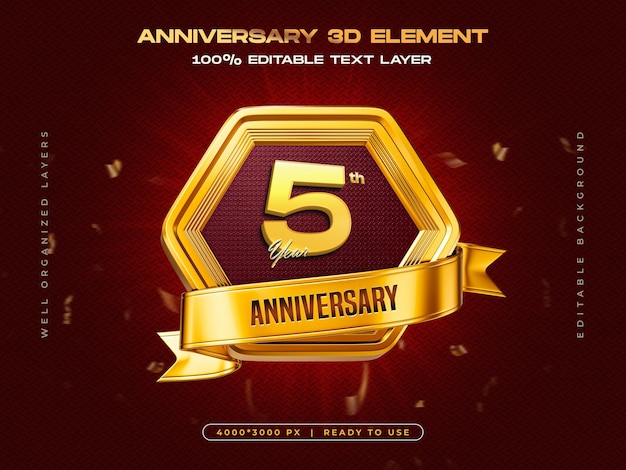 5th anniversary celebration 3d golden badge template for composition