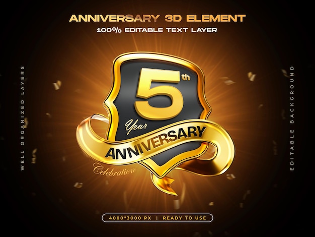 Free PSD 5th year anniversary celebration badge with golden number and luxury ribbon banner design