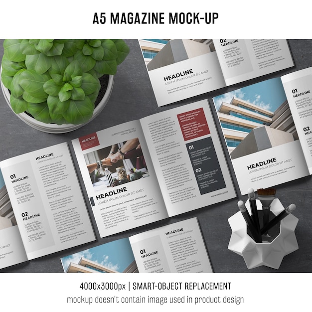 Free PSD a5 magazine mockup with basil plant