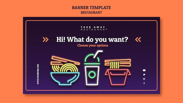 Free PSD abstract restaurant banner template with neon chinese food