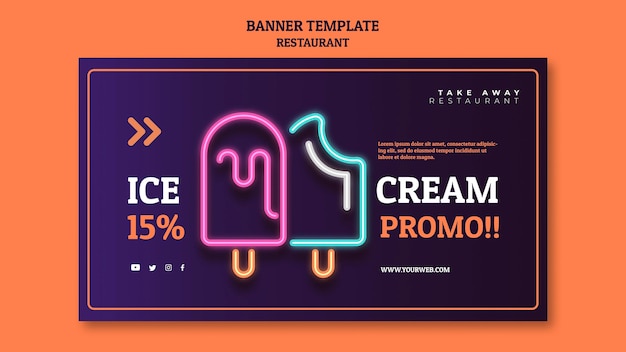 Free PSD abstract restaurant banner template with neon ice creams