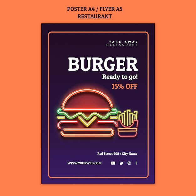 Free PSD abstract restaurant flyer template with neon burger