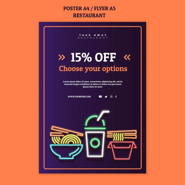 Abstract restaurant poster template with neon food