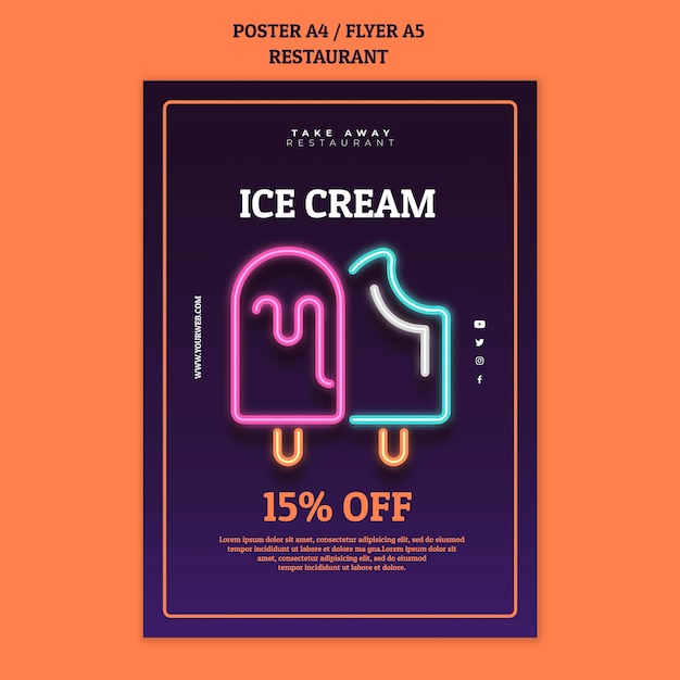 Free PSD abstract restaurant poster template with neon ice creams