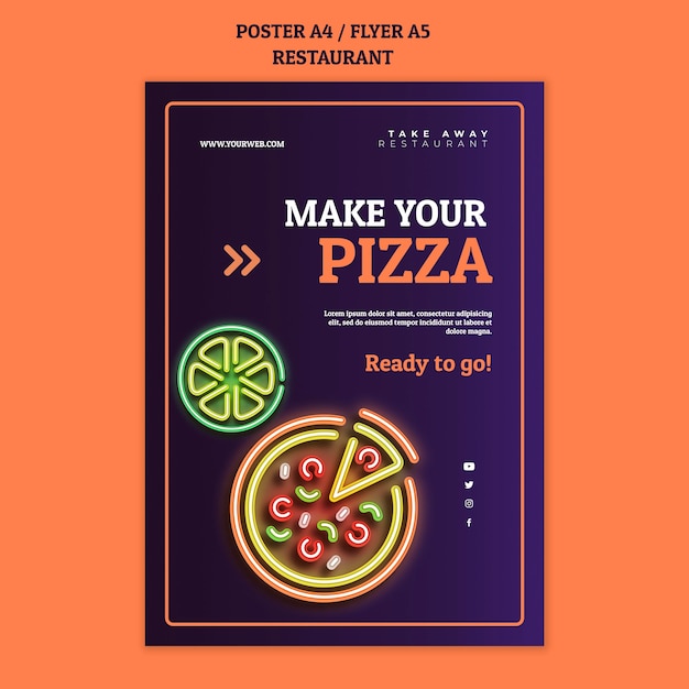 Free PSD abstract restaurant poster template with neon pizza