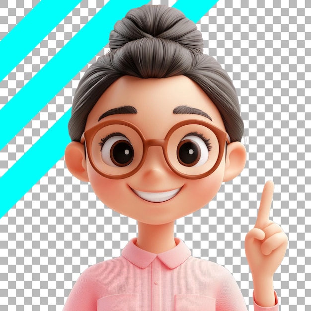 Free PSD adorable 3d character with glasses and updo hairstyle bright background