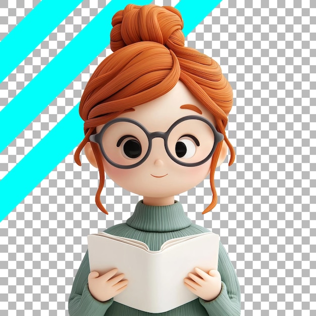 Adorable Girl Reading Book Cartoon Art with Checkered Background and Teal Stripes