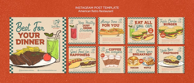 Free PSD american retro restaurant instagram posts template