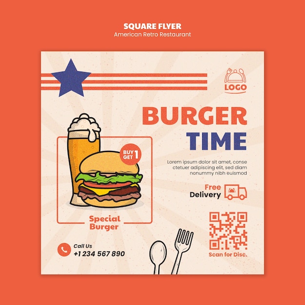 Free PSD american retro restaurant square flyer template