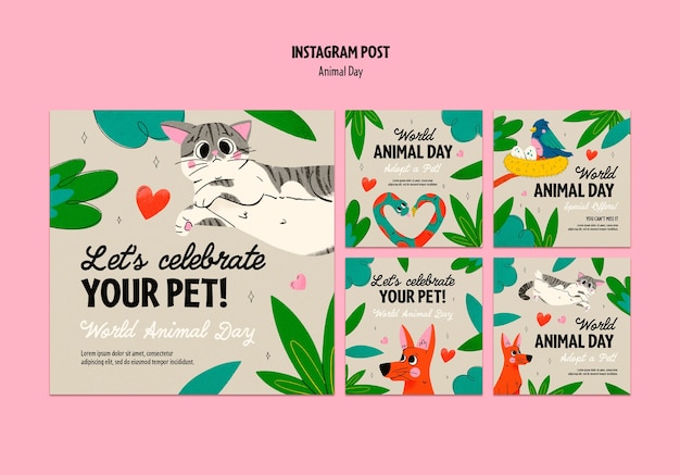 Free PSD animal day celebration instagram post set