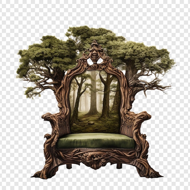 Free PSD antique chair with large trees seen from the front isolated on transparent background