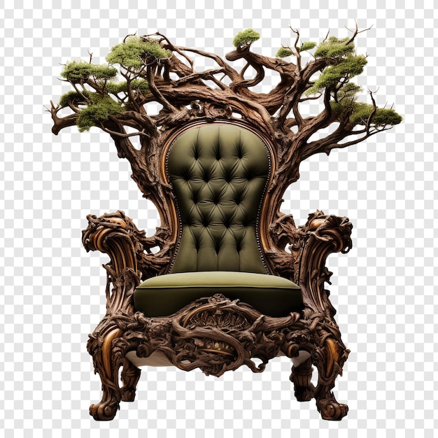 Antique chair with large trees seen from the front isolated on transparent background