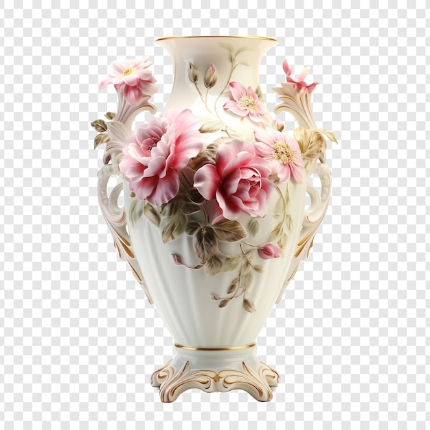 Antique porcelain vase with painted flowers isolated on transparent background