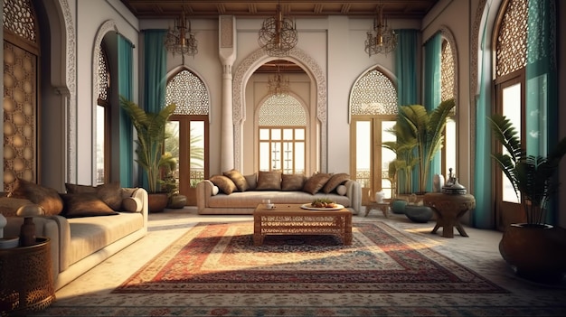 Free PSD arabic living room decorated generative ai