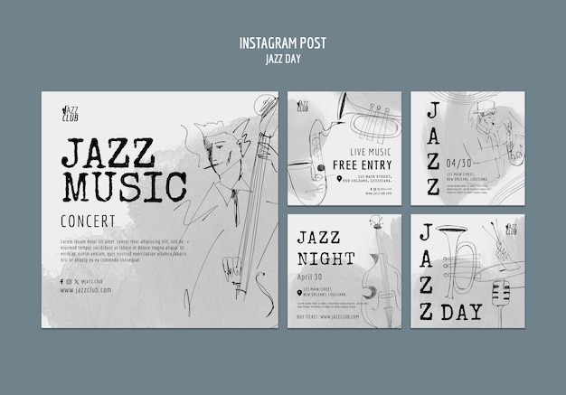 Free PSD artistic jazz day instagram post template set collection