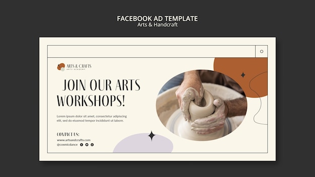 Arts and crafts lessons social media promo template with abstract shapes