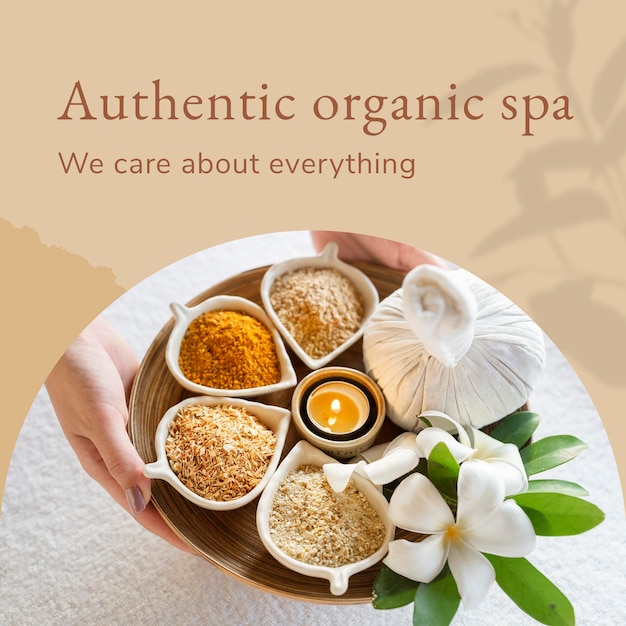 Free PSD authentic organic spa template psd with herbal equipment background