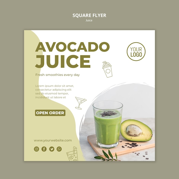 Free PSD avocado juice square flyer template with photo