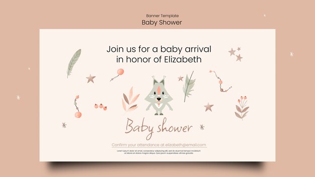 Baby shower horizontal banner template with vegetation and fox