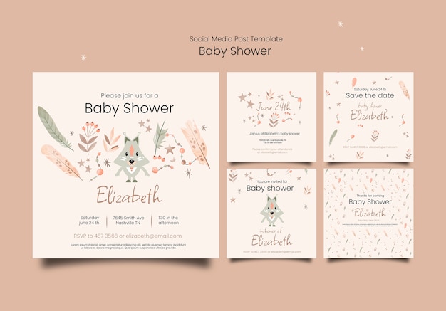 Baby shower instagram posts collection with vegetation and fox