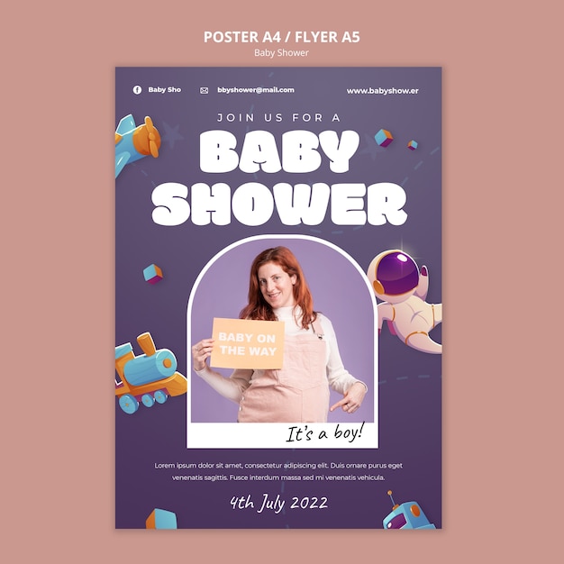 Baby shower vertical poster template with 3d toys