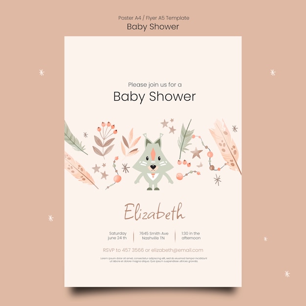 Baby shower vertical poster template with vegetation and fox