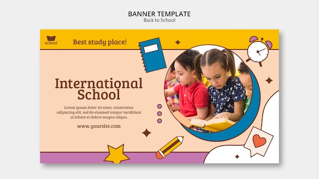 Free PSD back to school horizontal banner template with school supplies