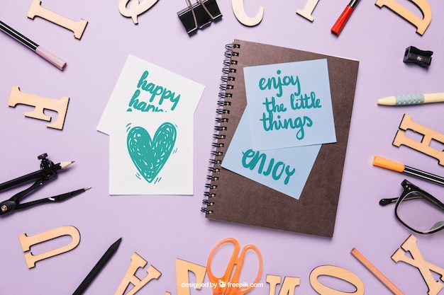 Free PSD back to school mockup with notebook and post its