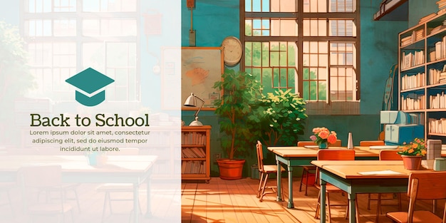 Free PSD back to school text banner on classroom illustration with tables and plants