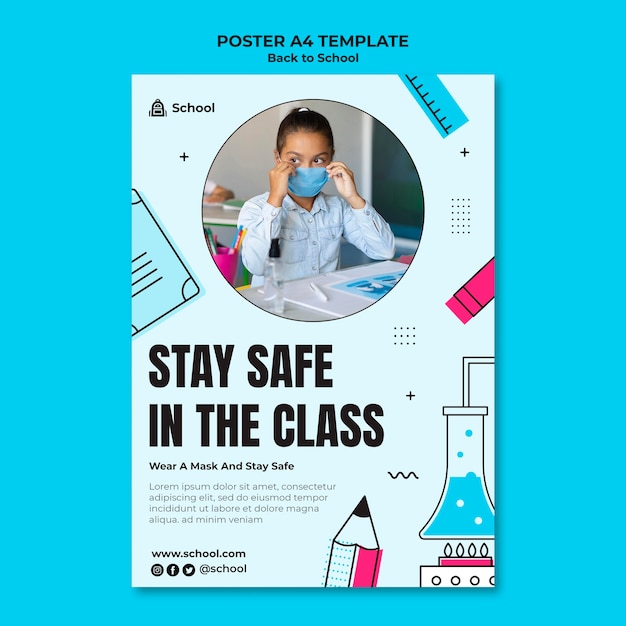 Back to school vertical poster template with child wearing face mask