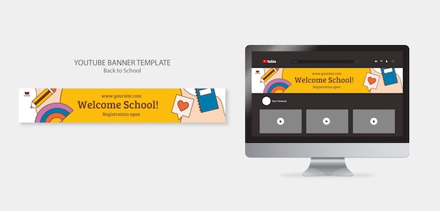 Free PSD back to school youtube banner template with school supplies