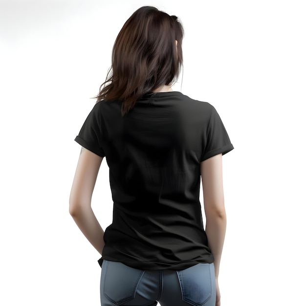 Free PSD back view of woman in blank black t shirt isolated on white background