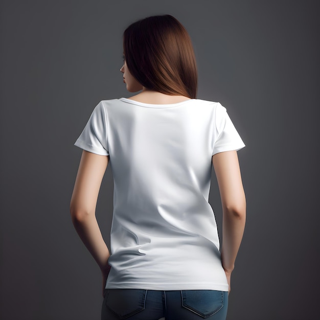 Back view of woman in blank white t shirt on grey background