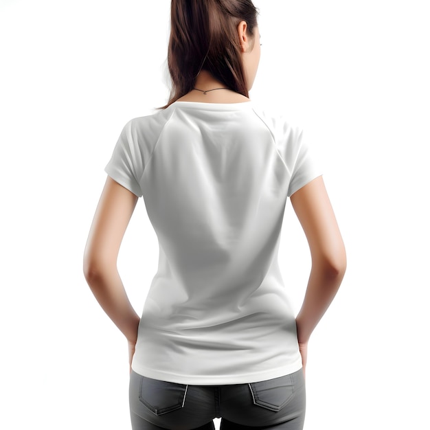 Free PSD back view of woman in blank white t shirt isolated on white