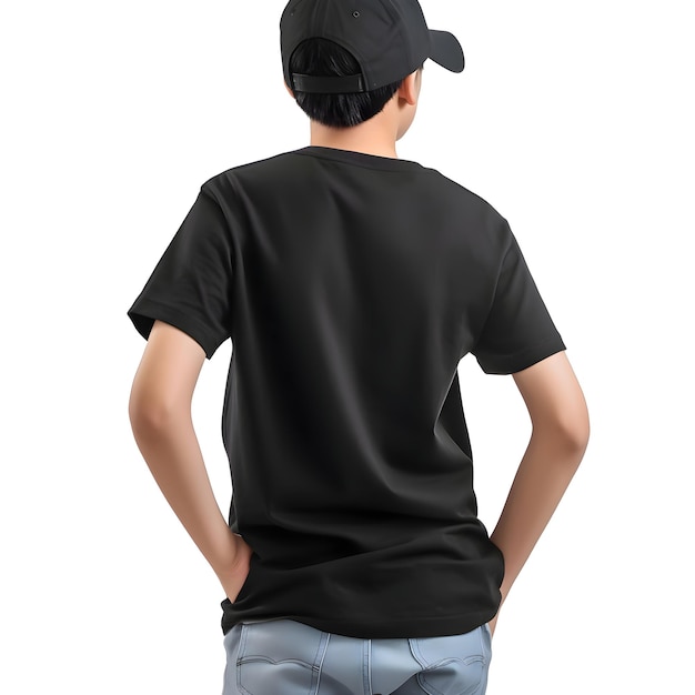 Back view of young man in black t shirt isolated on white background