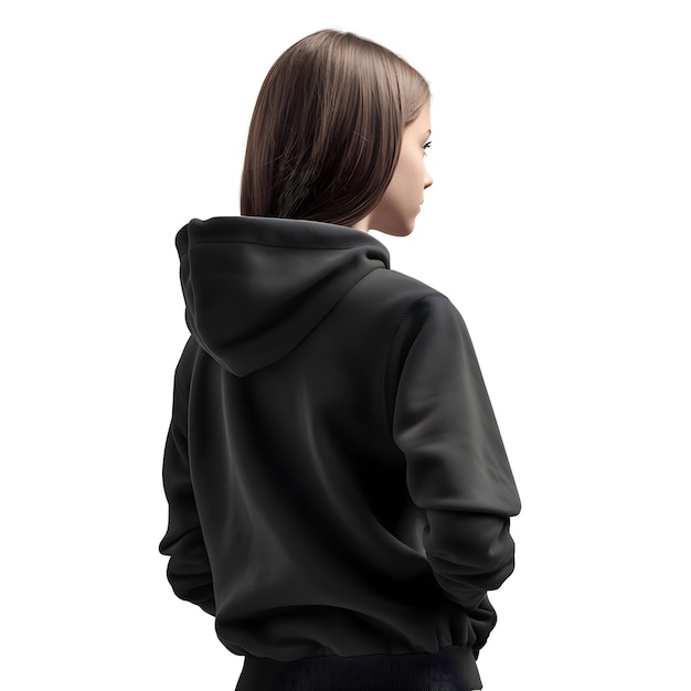 Free PSD back view of young woman in black hoodie isolated on white background