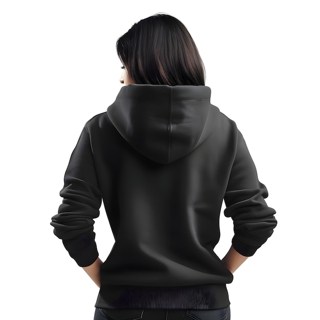 Free PSD back view of a young woman in black hoodie isolated on white background