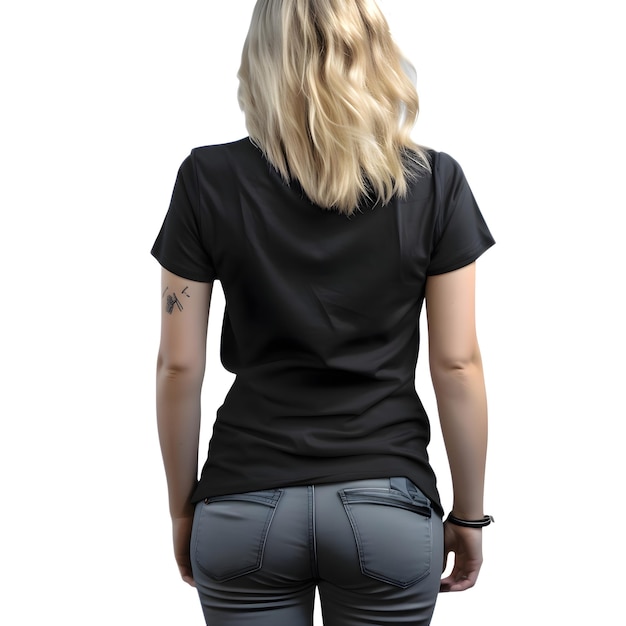 Free PSD back view of young woman in black t shirt isolated on white