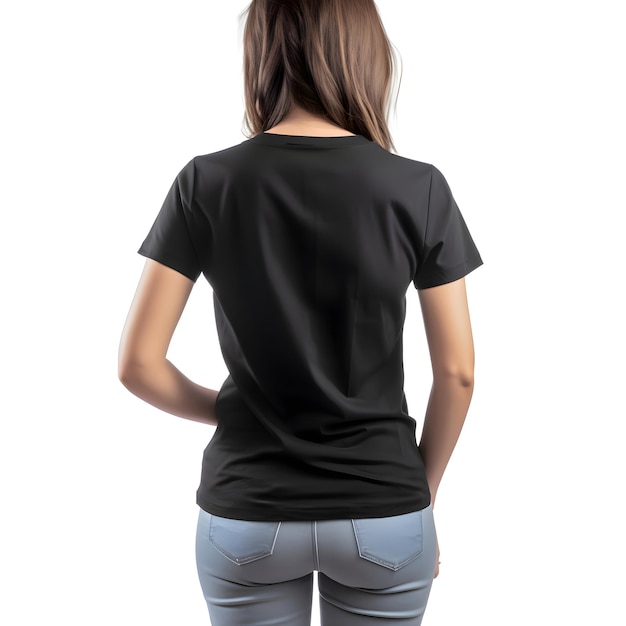 Free PSD back view of young woman in blank black t shirt isolated on white