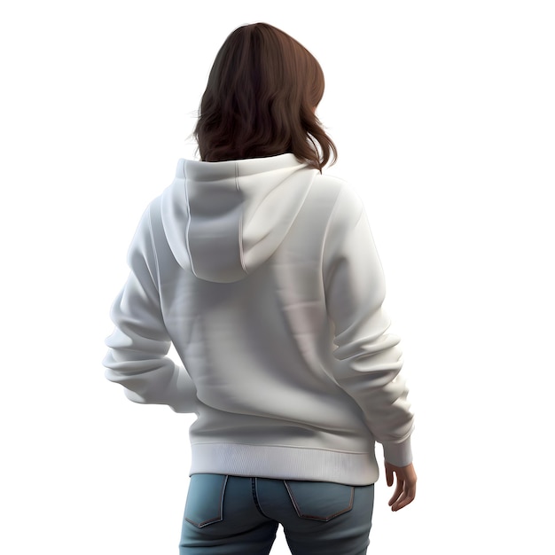 Free PSD back view of a young woman in white hoodie on white background