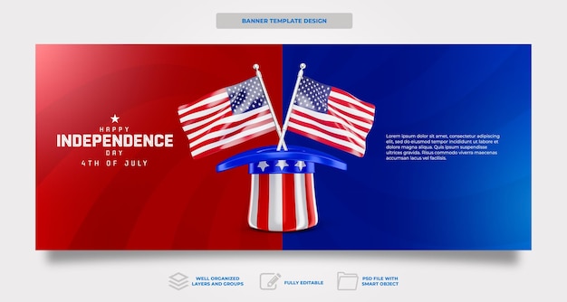 Free PSD banner american independence day in 3d render celebration template design