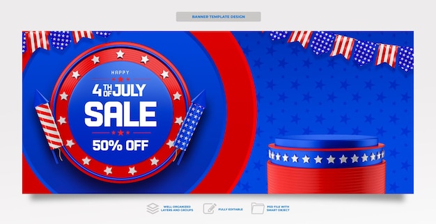 Banner American independence day in 3d render celebration template design