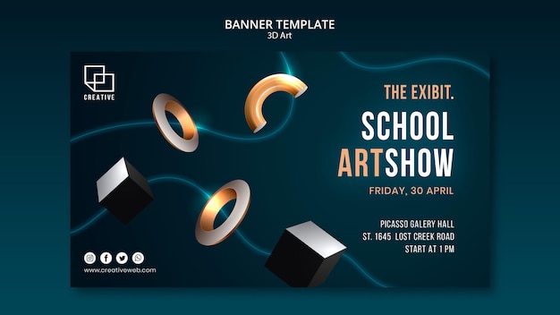 Banner template for art exhibition with creative three-dimensional shapes