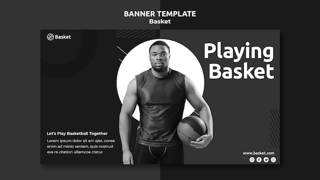 Free PSD banner template in black and white with male basketball athlete